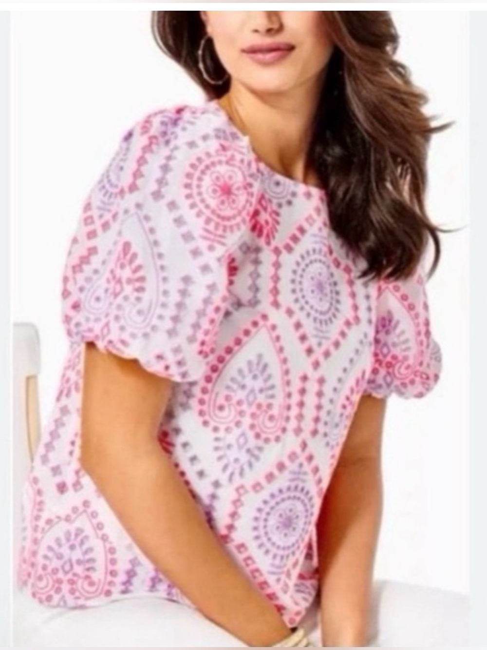 Lilly Pulitzer Pratt Eyelet ss Shirt, Pink Purple White, Size M